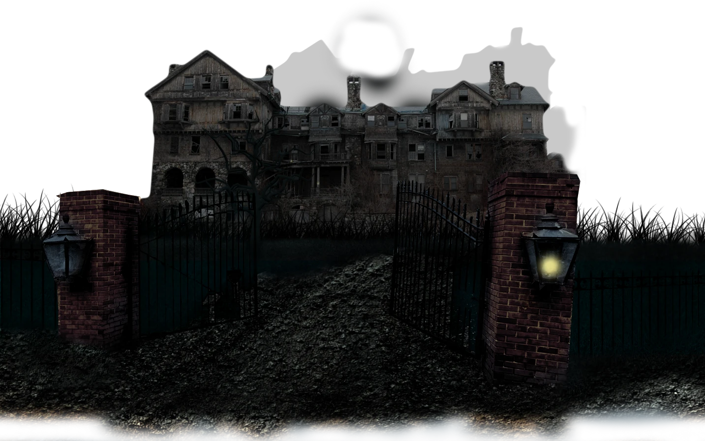 Haunted House With Brick Columns and Gate